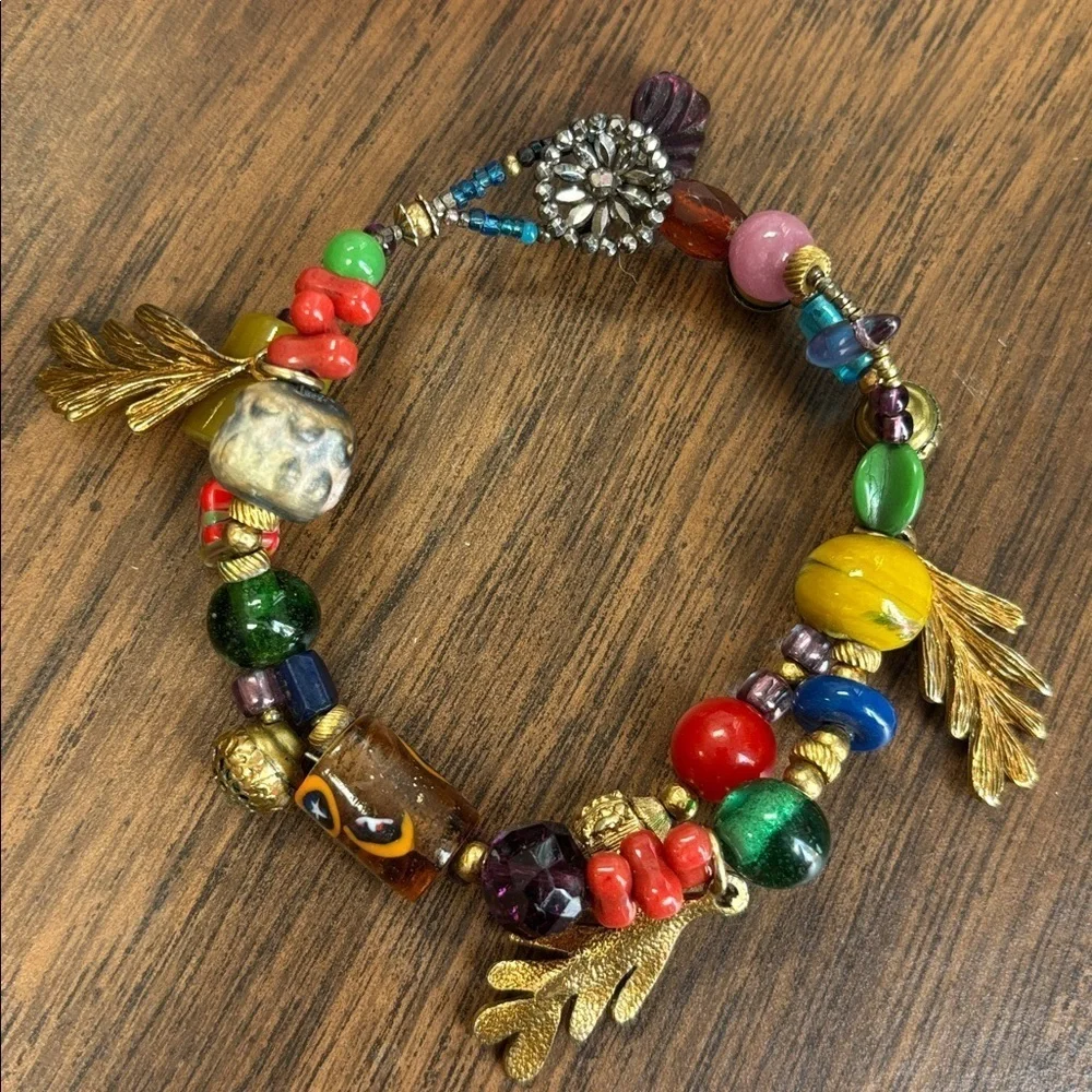 Handmade Glass Murano Colorful Beaded Bracelet with Gold Leaf Charm Accents